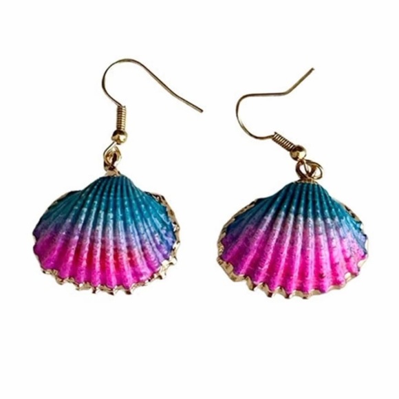 “Ombre Scallop Shell” Pink Blue Bivalve Clam Oyster Gold-Dipped Mermaid Earrings - Picture 4 of 16